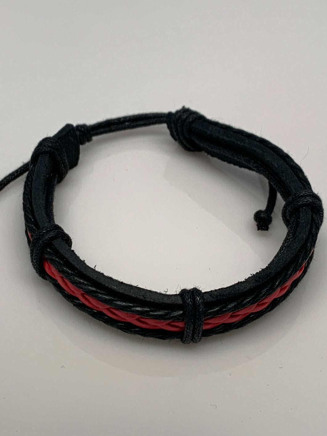 Black Leather Bracelet with Red Braided Center